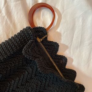 Vintage 1950s Black Woven Clutch with Lucite Pull